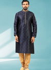 Navy Blue Colour Outluk New Latest Design Jacquard Silk Brocade Party Wear Kurta Pajama Mens Collection 1224-1034